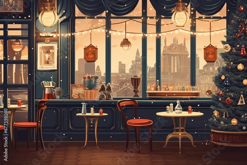 Retro illustration of a stylized New Year s Eve cafe with vintage furniture