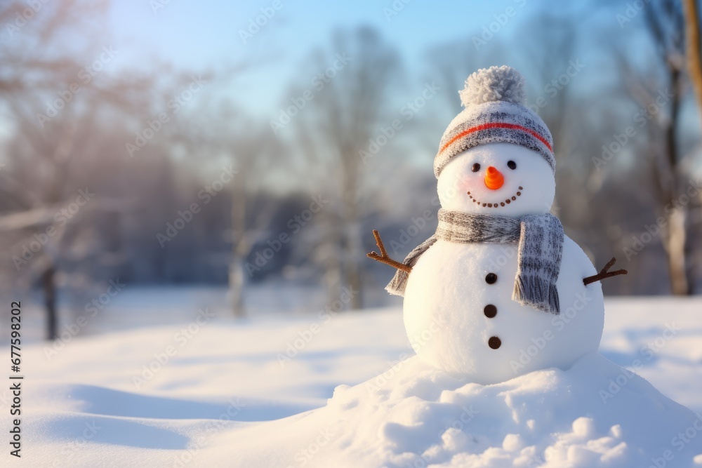 A snowman wearing a scarf and hat against the backdrop of a beautiful snowy landscape, with available copy space
