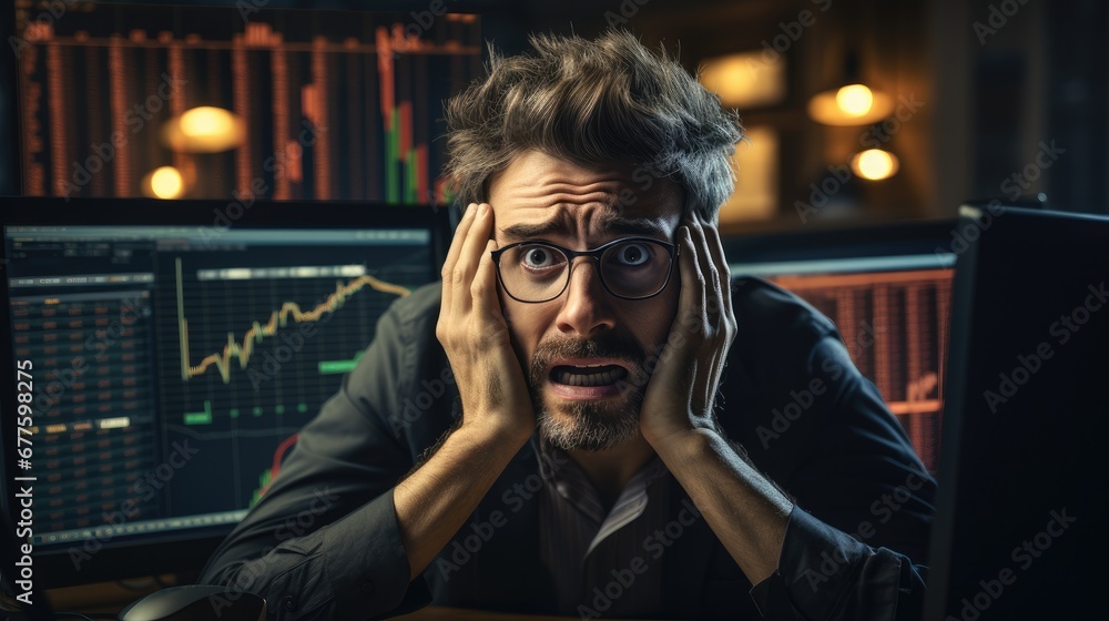 A man sitting at a computer desk extremely confused by the stock market, Depressed and frustrated in front of his screen with a losing stock chart. A man sitting at a computer desk extremely confused by the stock market, Depressed and frustrated in front of his screen with a losing stock chart.