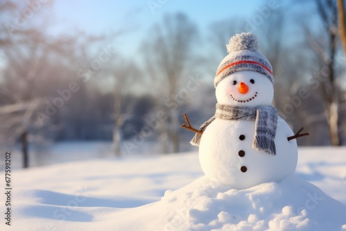 A snowman wearing a scarf and hat against the backdrop of a beautiful snowy landscape, with available copy space © Radmila Merkulova