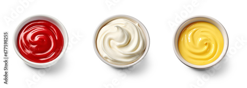 Top view of ketchup, mayonnaise and mustard isolated on transparent background. Generative AI