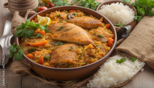 Senegalese food Thieboudienne cooked rice and fish with vegetables photo