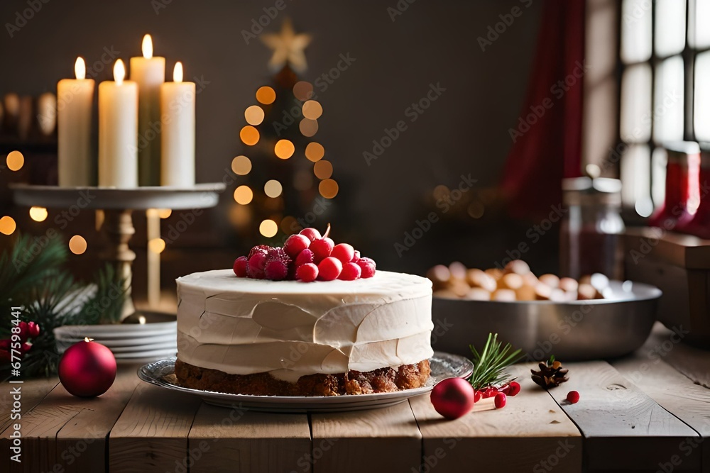 Traditional Christmas cake on neutral background