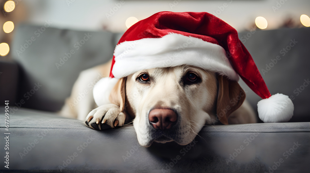Merry Christmas and Happy New Year! Cheerful dog labrador is laying on couch in Santa Claus hat. Golden retriever is waiting for the holiday at home. Merry Christmas and Happy New Year! Cheerful dog labrador is laying on couch in Santa Claus hat. Golden retriever is waiting for the holiday at home.