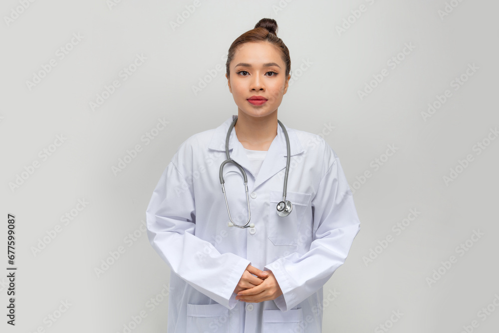 cute charming young lady doctor dressed uniform smiling isolated white color background cute charming young lady doctor dressed uniform smiling isolated white color background
