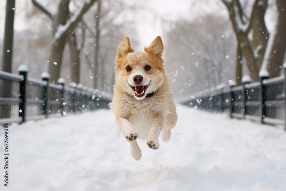 A joyful dog running through swirling snowflakes, its fur dusted with snow