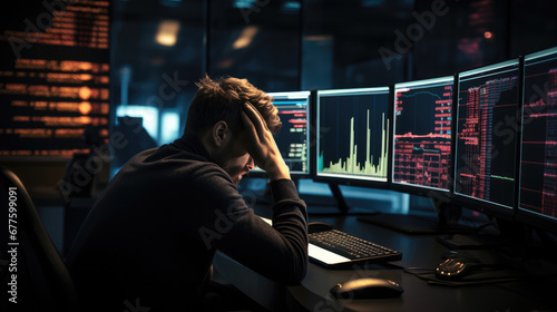 A man trader staring at a computer screen displaying plummeting stock prices, Reflecting the financial distress and potential bankruptcy looming over him. photo