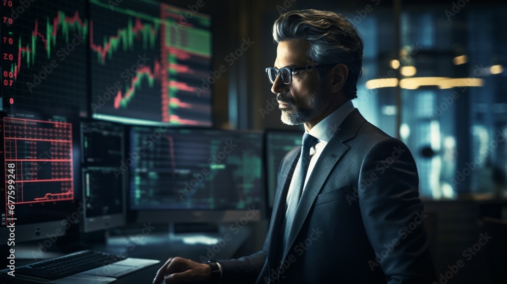 Serious trader conducting online stock transactions Serious trader conducting online stock transactions