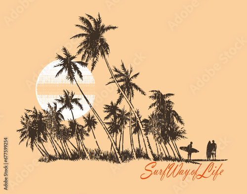 Colorful vector illustration of silhouette of coconut palms and surfers, in stripped style, handmade and text alluding to surfing. Art for print on t-shirts and etc ...