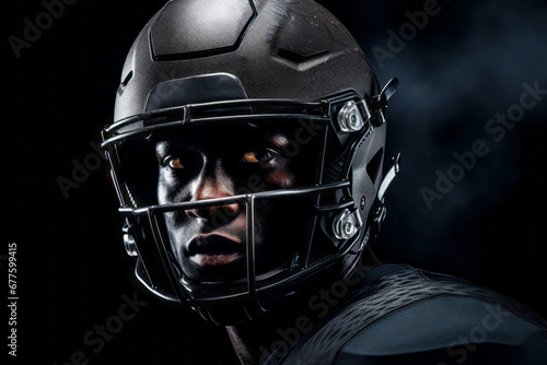 Studio portrait of professional American football player in black uniform. Determined, powerful, skilled African American athlete wearing helmet with protective mask. Isolated in black background.