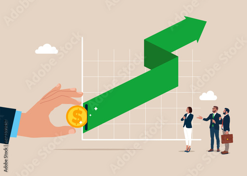 Businessman put coin on green arrow up value. Business profit growth, career advancement or development, investment income go up. Flat vector illustration.