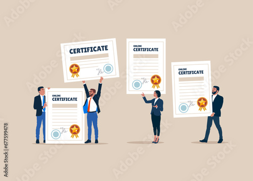 Business people holding with certificate and award paper. best graduate, cum laude. flat design. can be used for elements, landing pages. Vector illustration