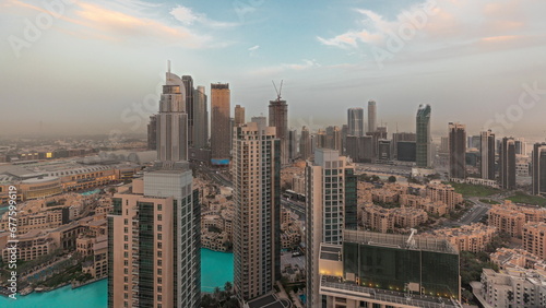 Panorama showing aerial panoramic skyline of a big futuristic city timelapse. Business bay and Downtown