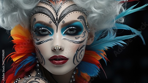 Woman adorned with elaborate and dramatic makeup, Exuding a sense of pride and confidence.
