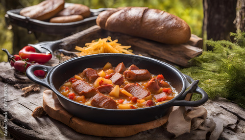 Hot potato goulash with bacon and Wiener sausages served photo