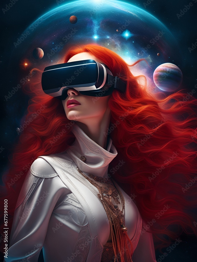 woman searching for new worlds in virtual reality, futuristic scenery, generative ai illustration woman searching for new worlds in virtual reality, futuristic scenery, generative ai illustration