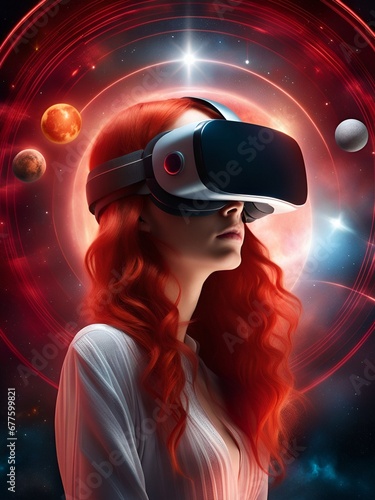 woman searching for new worlds in virtual reality, futuristic scenery, generative ai illustration