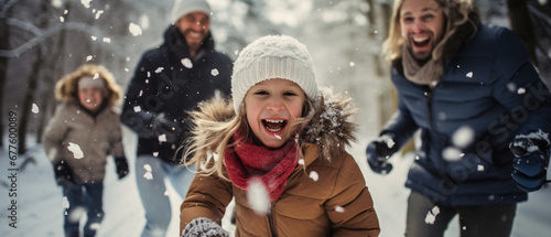 Happy family having fun in winter forest. Father, mother and daughter having fun outdoors.