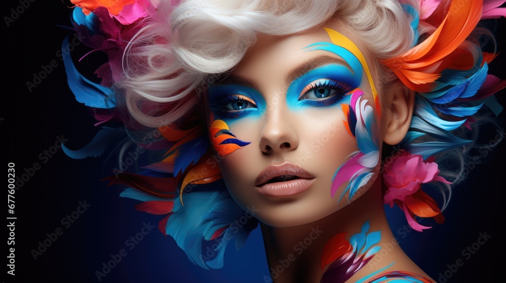 Fashion model woman face with fantasy art make-up, Bold makeup, Fashion art portrait, incorporating neon colors.