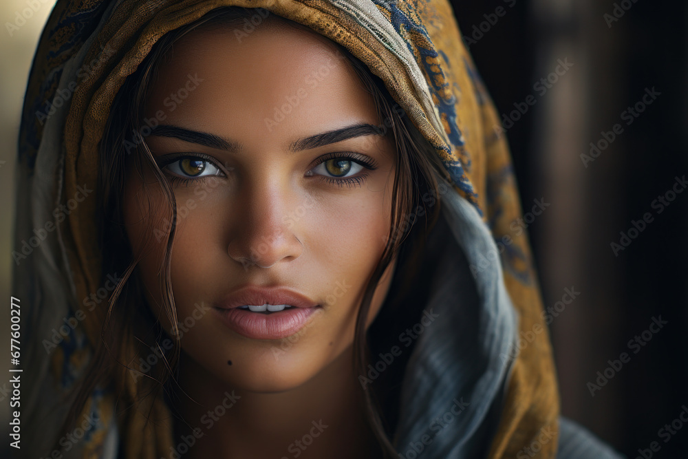 Portrait of a Beautiful woman, excellent look and Colorful veil Portrait of a Beautiful woman, excellent look and Colorful veil