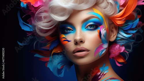 Fashion model woman face with fantasy art make-up, Bold makeup, Fashion art portrait, incorporating neon colors. © visoot