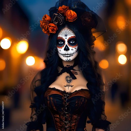 halloween day of the dead witch girl with a skull tattoo