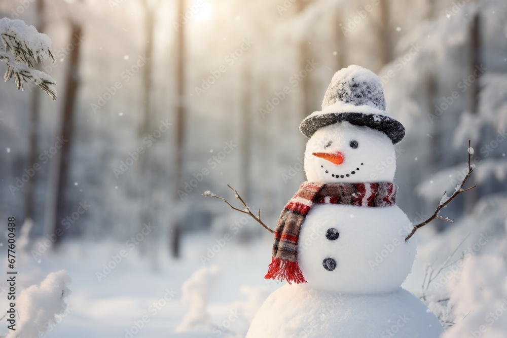 A snowman, dressed in a scarf and hat, positioned against the enchanting backdrop of a snowy forest landscape