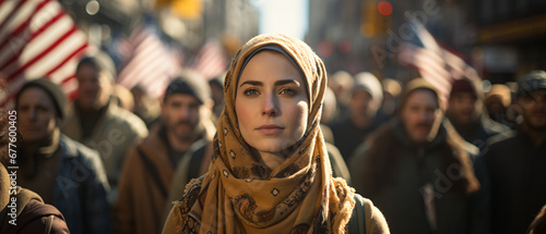 Muslim woman with headscarf marching in protest with a group of people