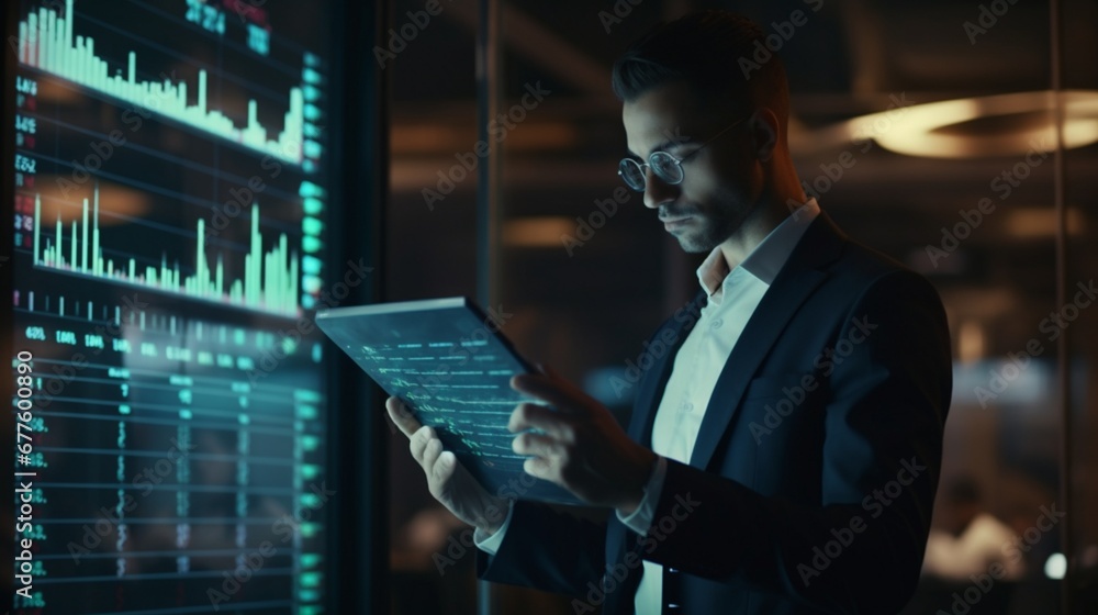 Stock market trader using tablet for financial analysis Stock market trader using tablet for financial analysis