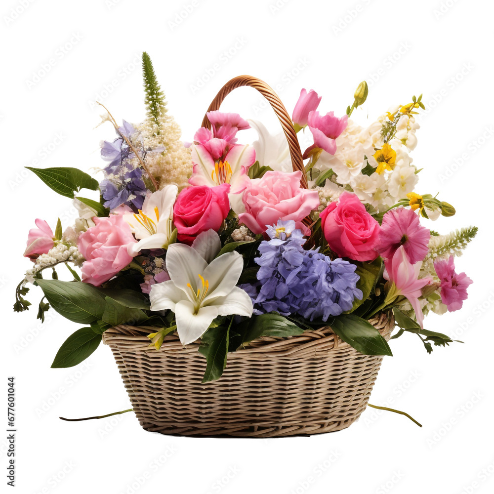 Fresh attractive flowers in wicker basket