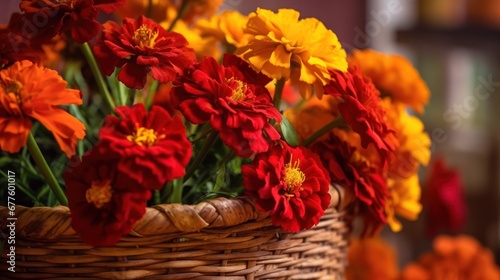 Basket with red and orange zinnia flowers on the table. Mother s Day Concept. Valentine s Day Concept with a Copy Space. Springtime.