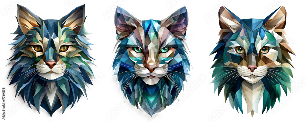 Cat head icon made oflines and facets isometric 3d. Isolated on transparent background - obrazy, fototapety, plakaty 