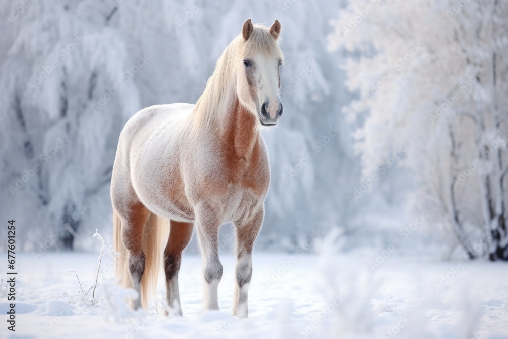 A stunning horse stands in a snowy forest, creating a picturesque winter background A stunning horse stands in a snowy forest, creating a picturesque winter background