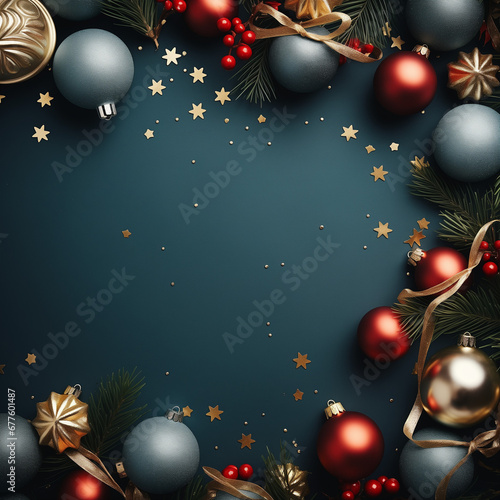 Green, gold and red christmas ornament border on a navy blue background with copy space for text. The concept of Christmas and New Year