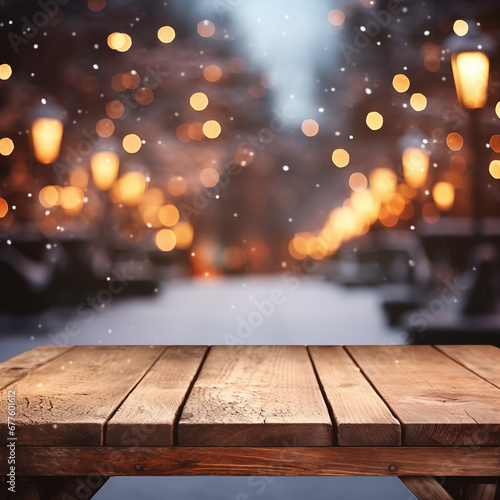 Empty wooden table top with bokeh background about winter christmas concept theme. Snow, lights, bokeh backdrop with wooden table podium. New year, winter holiday