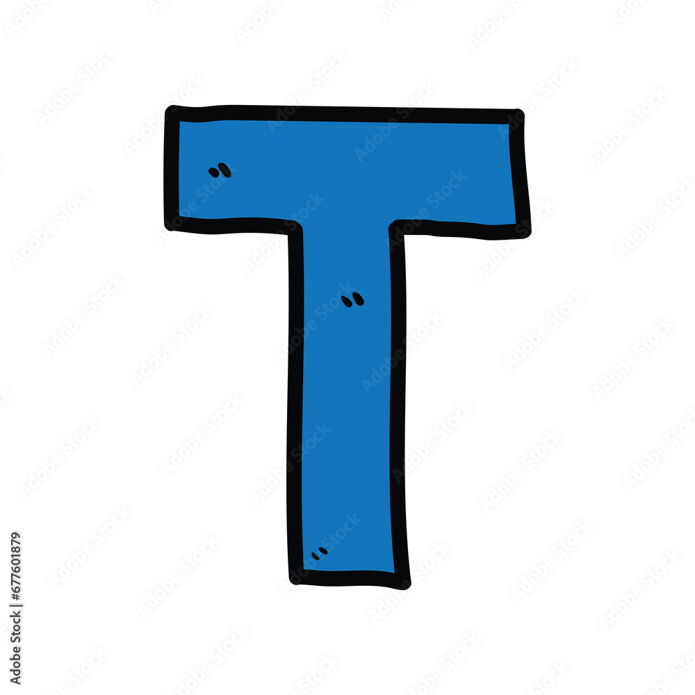Hand-drawn cartoon doodle blue letter T on a white background. Hand-drawn cartoon doodle blue letter T on a white background.