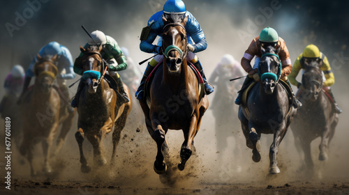  A thrilling moment on the racetrack captured from a head-on perspective, featuring race horses and jockeys in the heat of competition