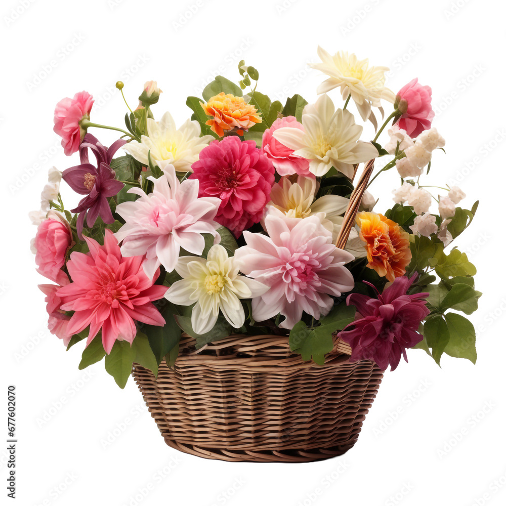 Obraz premium Fresh attractive flowers in wicker basket isolated on transparent background