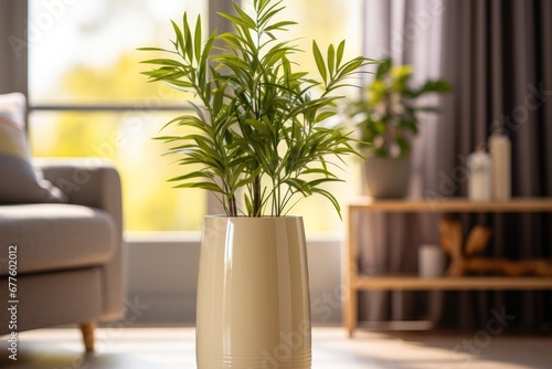 A light yellow or beige cylindrical vase with green plants placed on the ground in the living room.