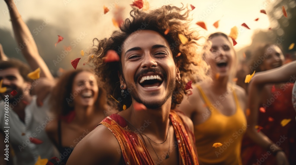 Many people dancing and celebrating at a festival. Many people dancing and celebrating at a festival.