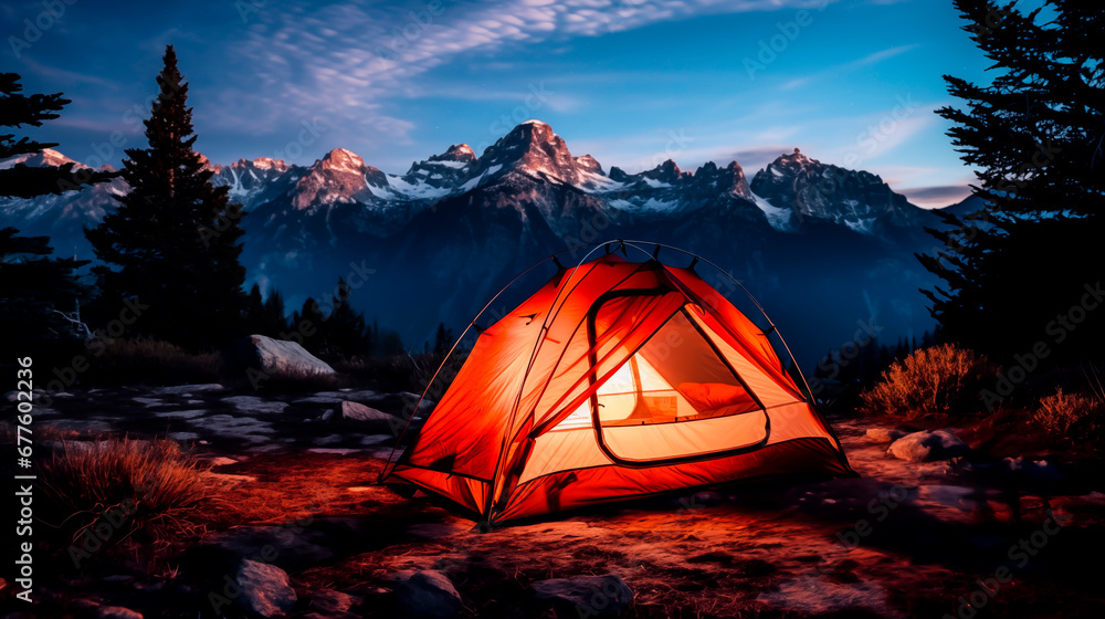 Tent under starry sky with mountain backdrop.