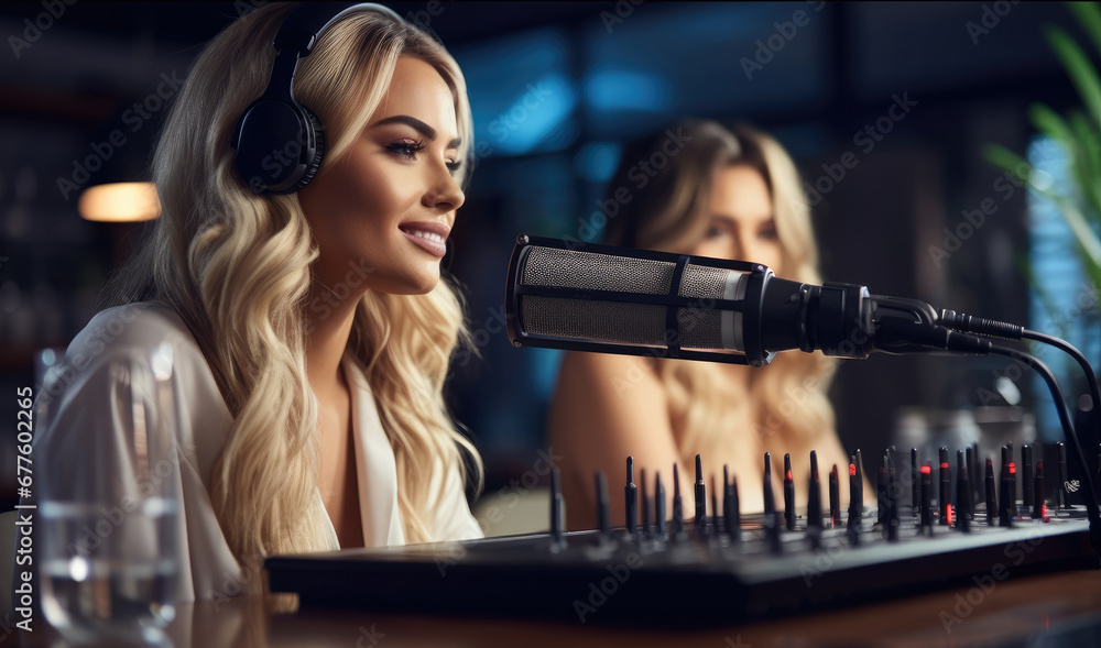 A podcast studio with two attractive women talking about beauty products. A podcast studio with two attractive women talking about beauty products.