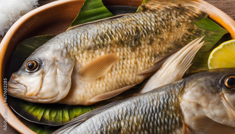 Tilapia fish, popular fish in Ghana, serve with steam rice in Ghanaian