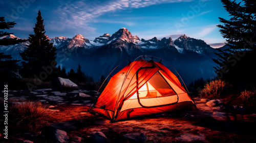 Tent under starry sky with mountain backdrop.
