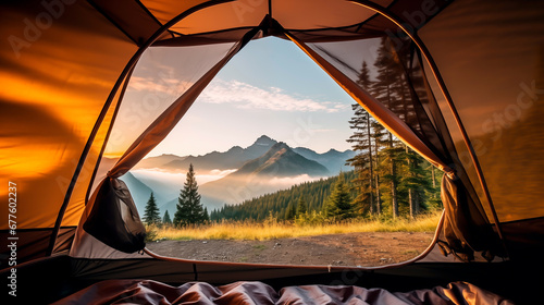 Morning light in a tent with mountain view.