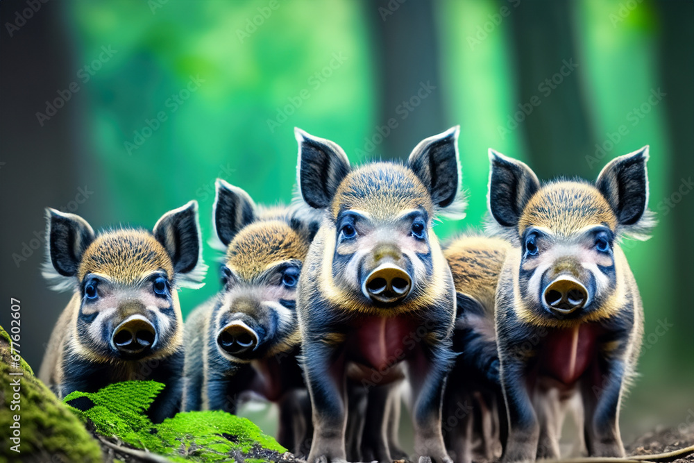 Wildschwein Babys Rotte Frischlinge Portrait vor einem unscharfen Hintergrund aus Wald, wildlebende Tiere aus Europa, Amerika und Asien