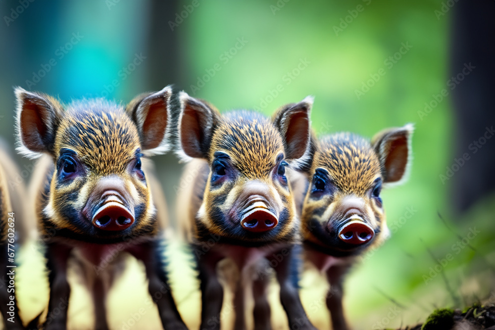 Wildschwein Babys Rotte Frischlinge Portrait vor einem unscharfen Hintergrund aus Wald, wildlebende Tiere aus Europa, Amerika und Asien - obrazy, fototapety, plakaty 