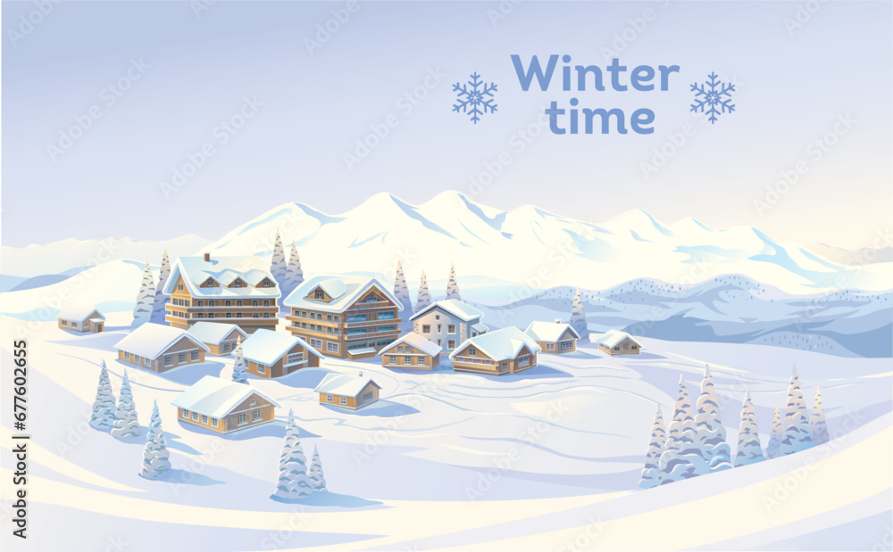 Winter mountain landscape with country village houses or hotel complex of the mountain resort. Vector illustration.