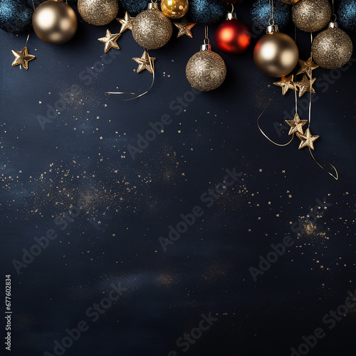 Christmas background with baubles and golden stars on dark blue background
