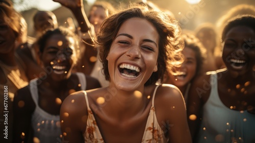 Group of people gathered in a moment of sheer glee, Their carefree expressions and radiant smiles encapsulate the atmosphere of a gleeful gathering.